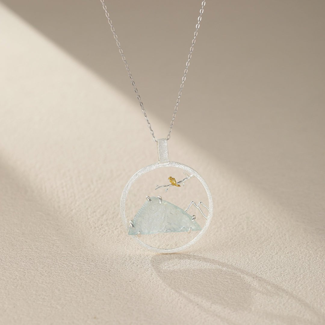 Collier Aigue Marine Petit Oiseau, Argent Plaqué Or - Biloria