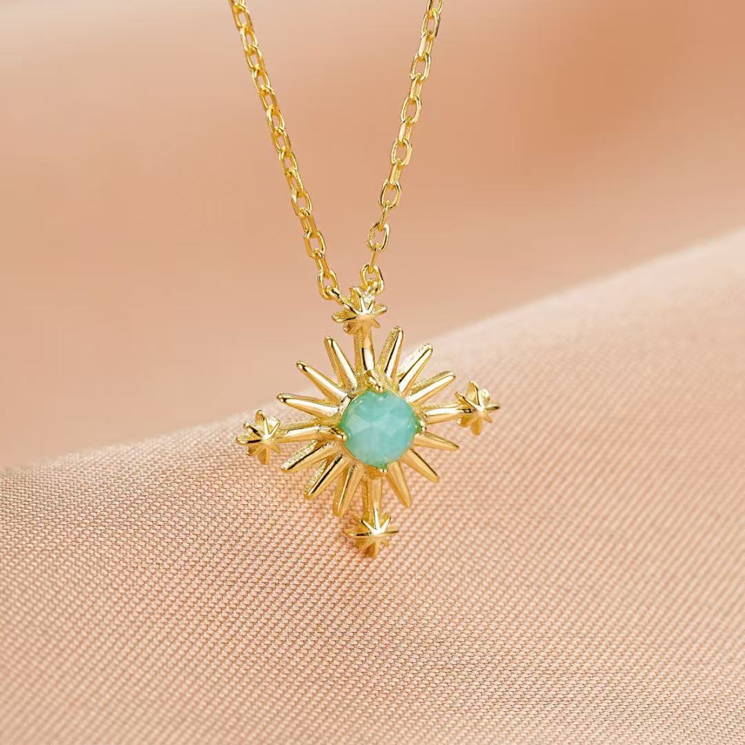 Collier Amazonite Croix Étoilée Argent Plaqué Or - Biloria
