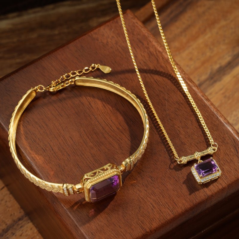 Collier Améthyste Carré Violet - Argent Plaqué Or Spirituel - Biloria