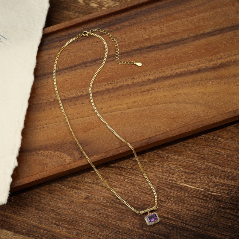 Collier Améthyste Carré Violet - Argent Plaqué Or Spirituel - Biloria