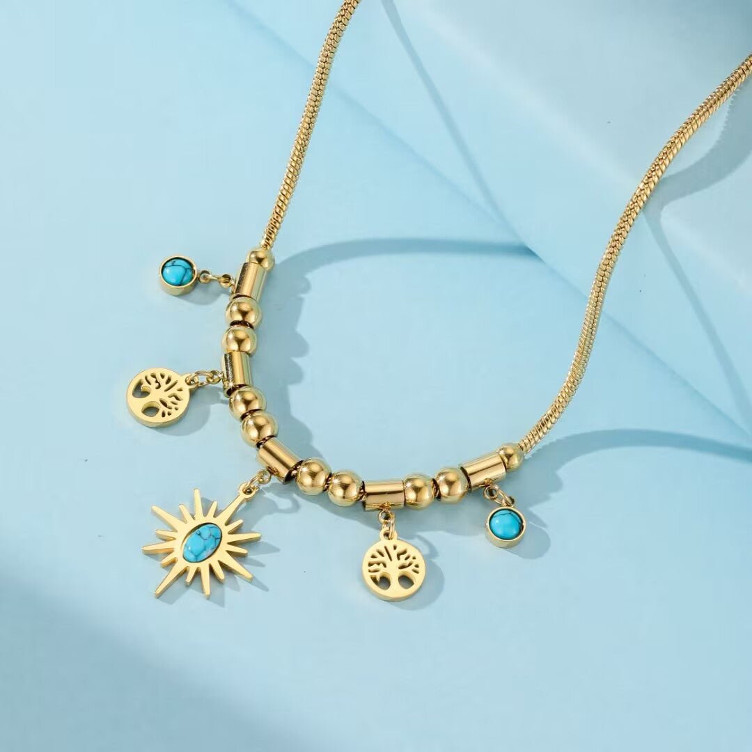 Collier Arbre de Vie Turquoise Acier Titane Doré - Biloria