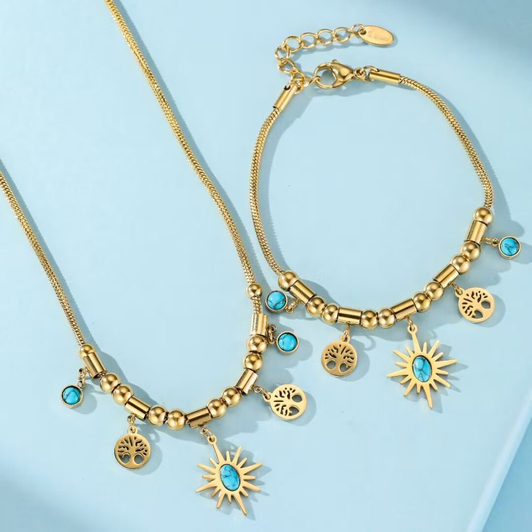 Collier Arbre de Vie Turquoise Acier Titane Doré - Biloria