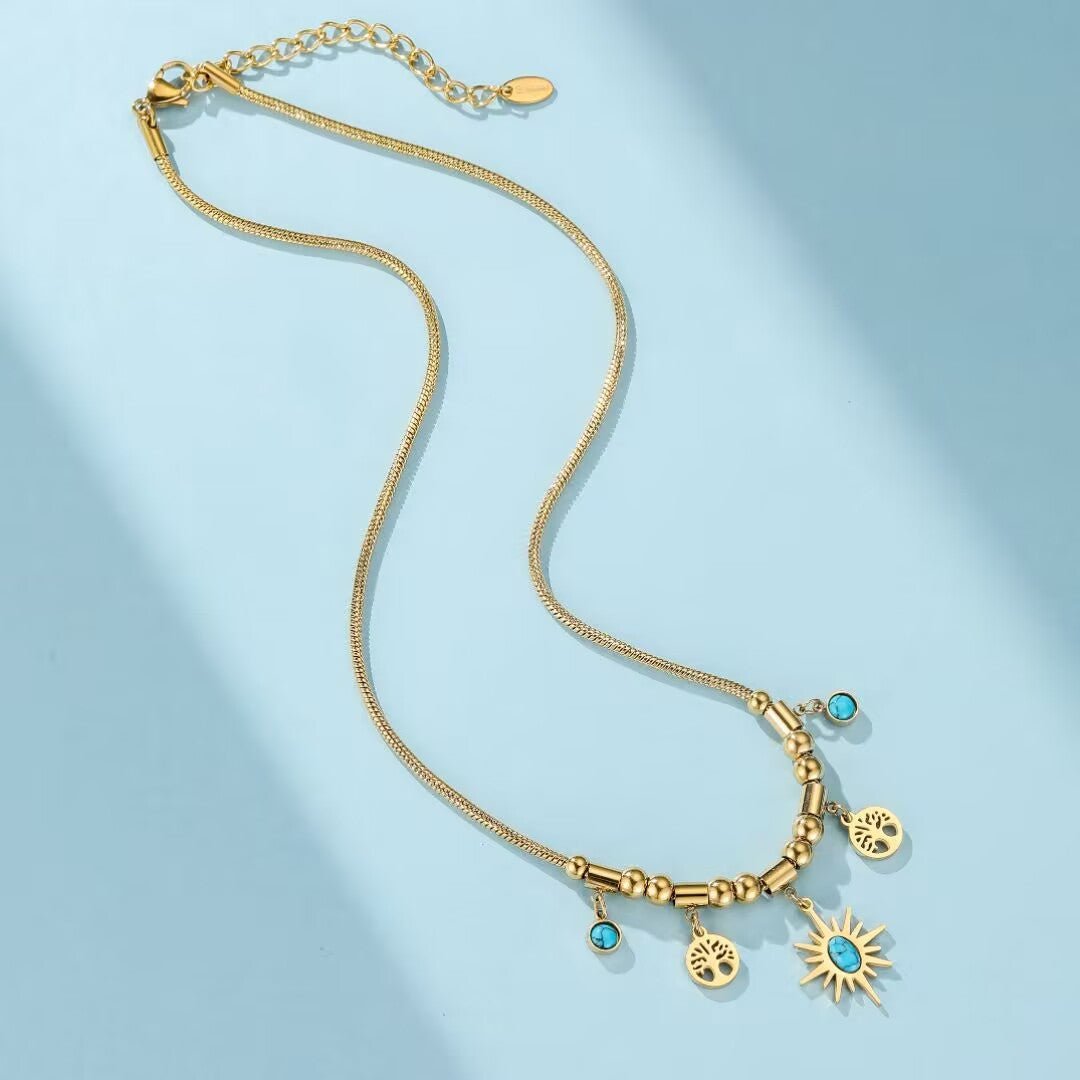 Collier Arbre de Vie Turquoise Acier Titane Doré - Biloria