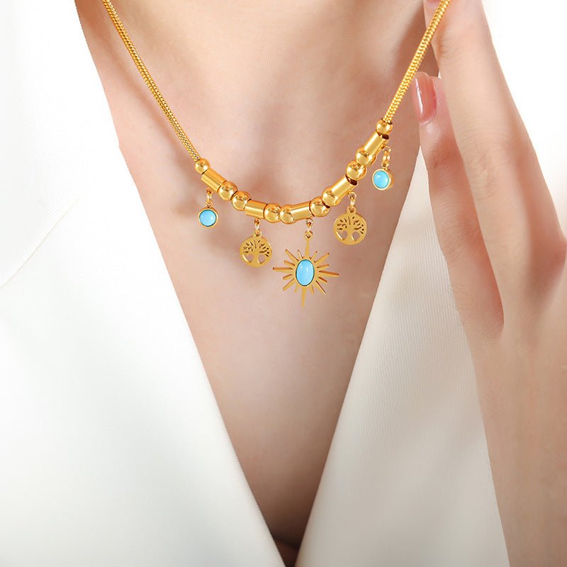 Collier Arbre de Vie Turquoise Acier Titane Doré - Biloria