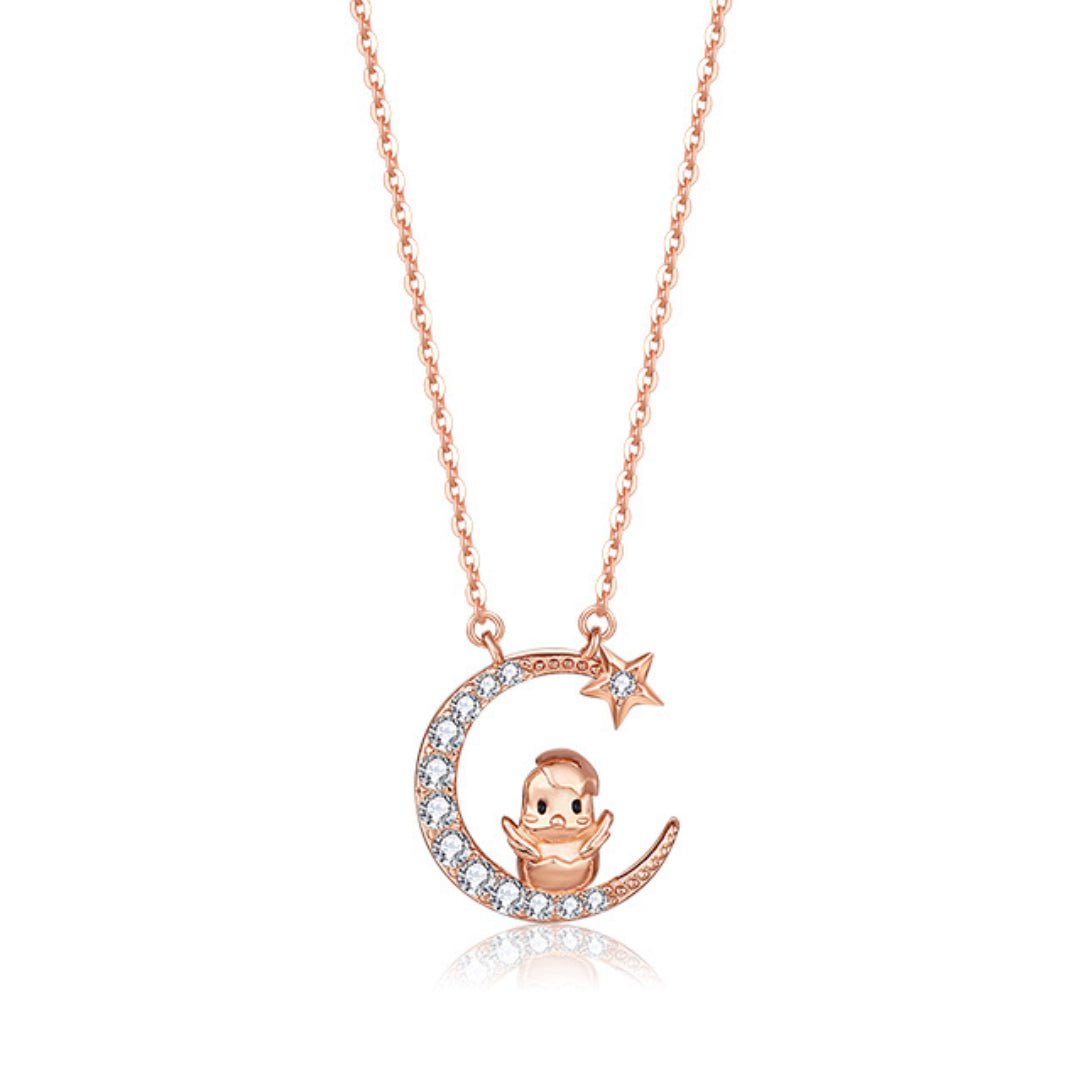 Collier Cheval Coq Lune Argent Plaqué Or Rose - Biloria