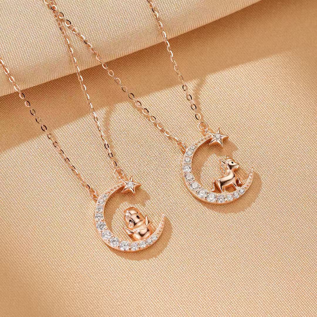 Collier Cheval Coq Lune Argent Plaqué Or Rose - Biloria