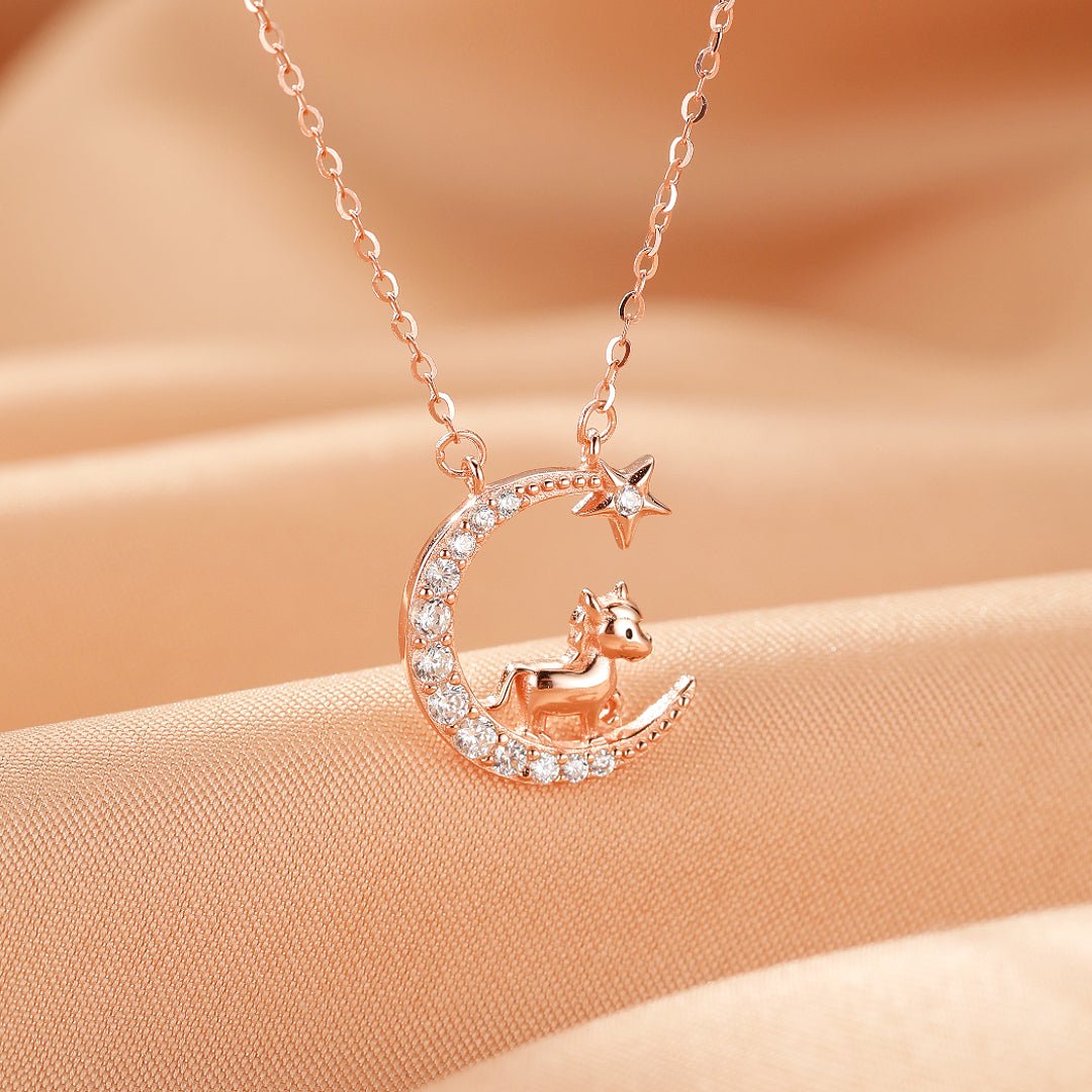 Collier Cheval Coq Lune Argent Plaqué Or Rose - Biloria