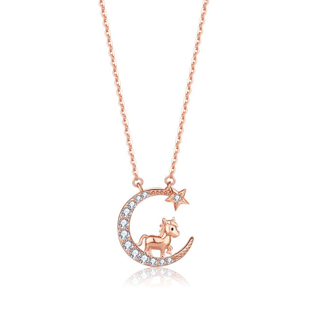 Collier Cheval Coq Lune Argent Plaqué Or Rose - Biloria
