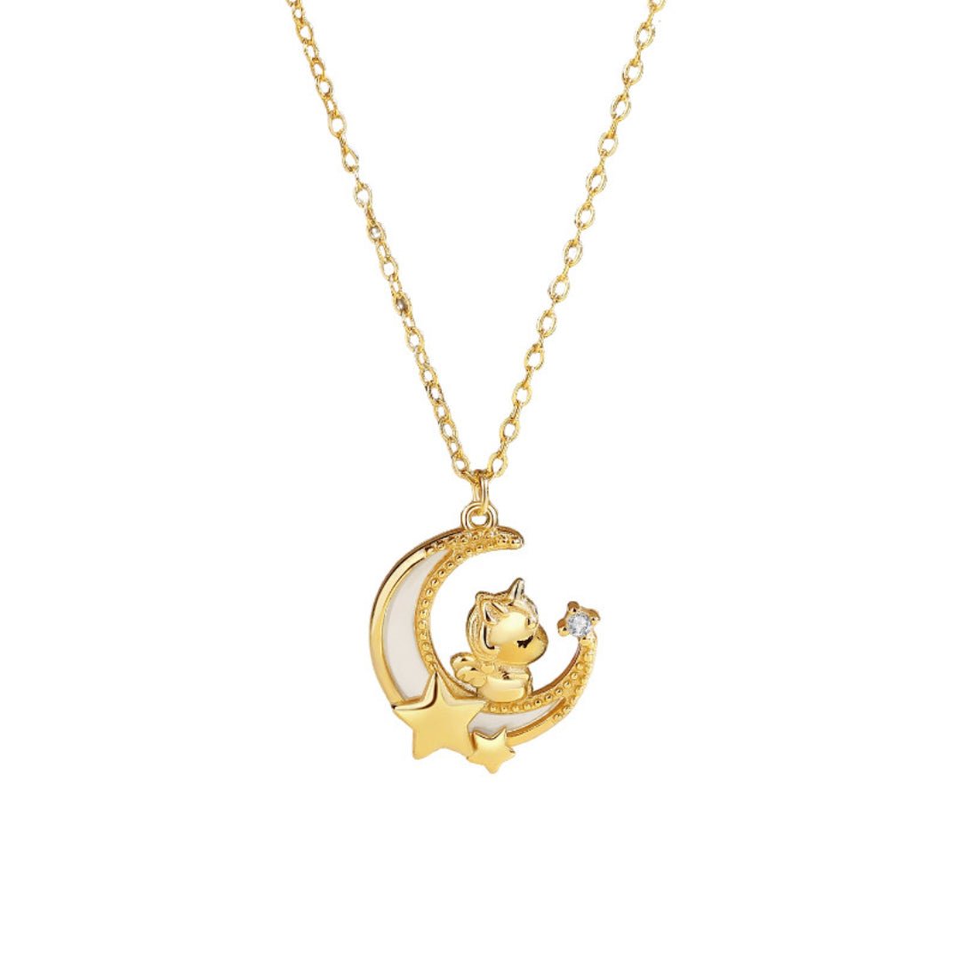Collier Cheval et Lune Argent Plaqué Or 18K Pendentif Symbolique - Biloria