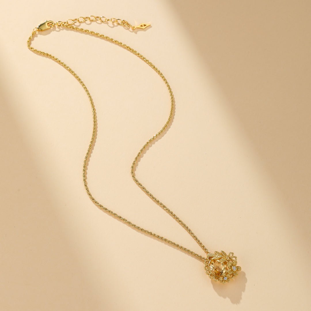 Collier Citrine Couronne Fleurie Argent Plaqué Or Bijou Femme - Biloria