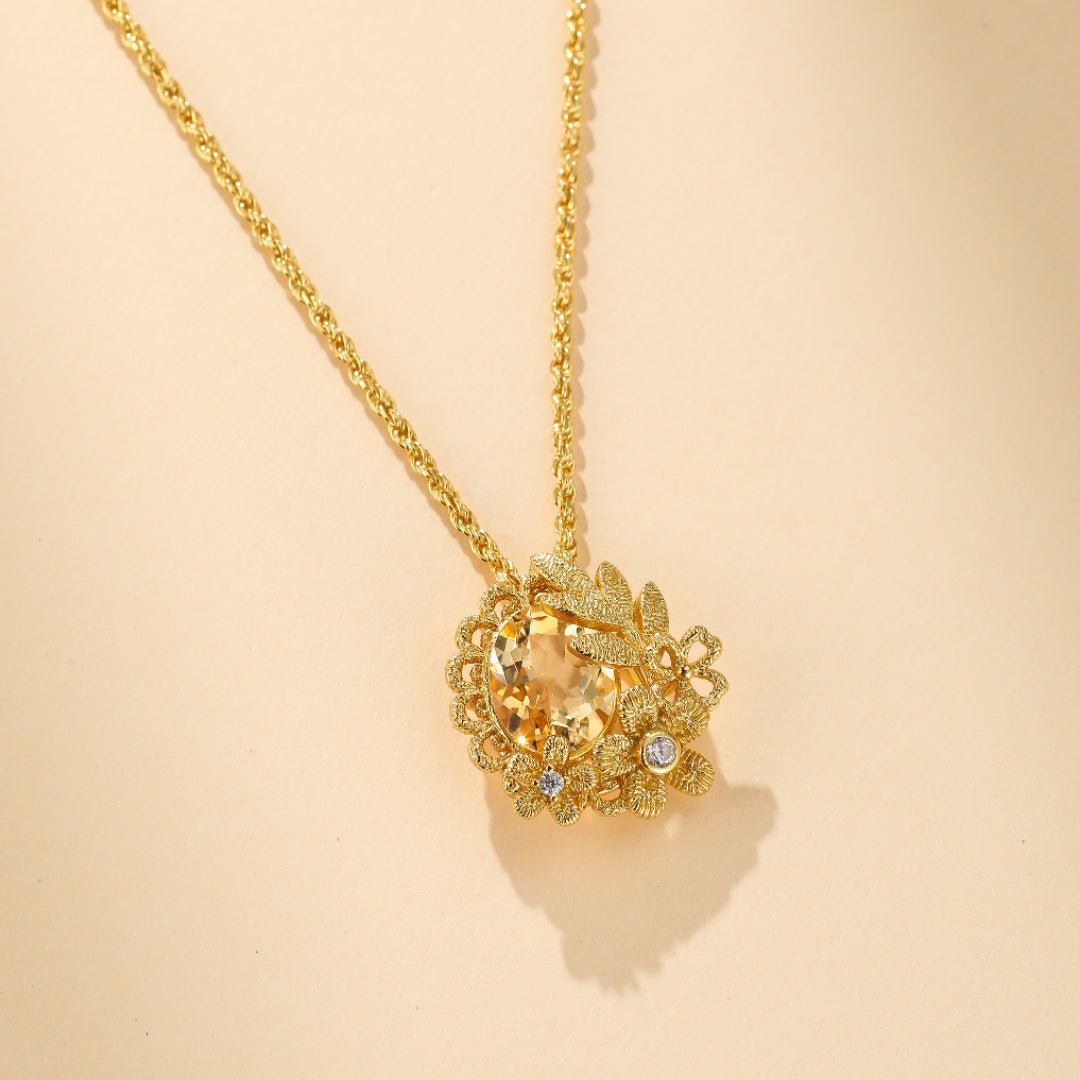 Collier Citrine Couronne Fleurie Argent Plaqué Or Bijou Femme - Biloria