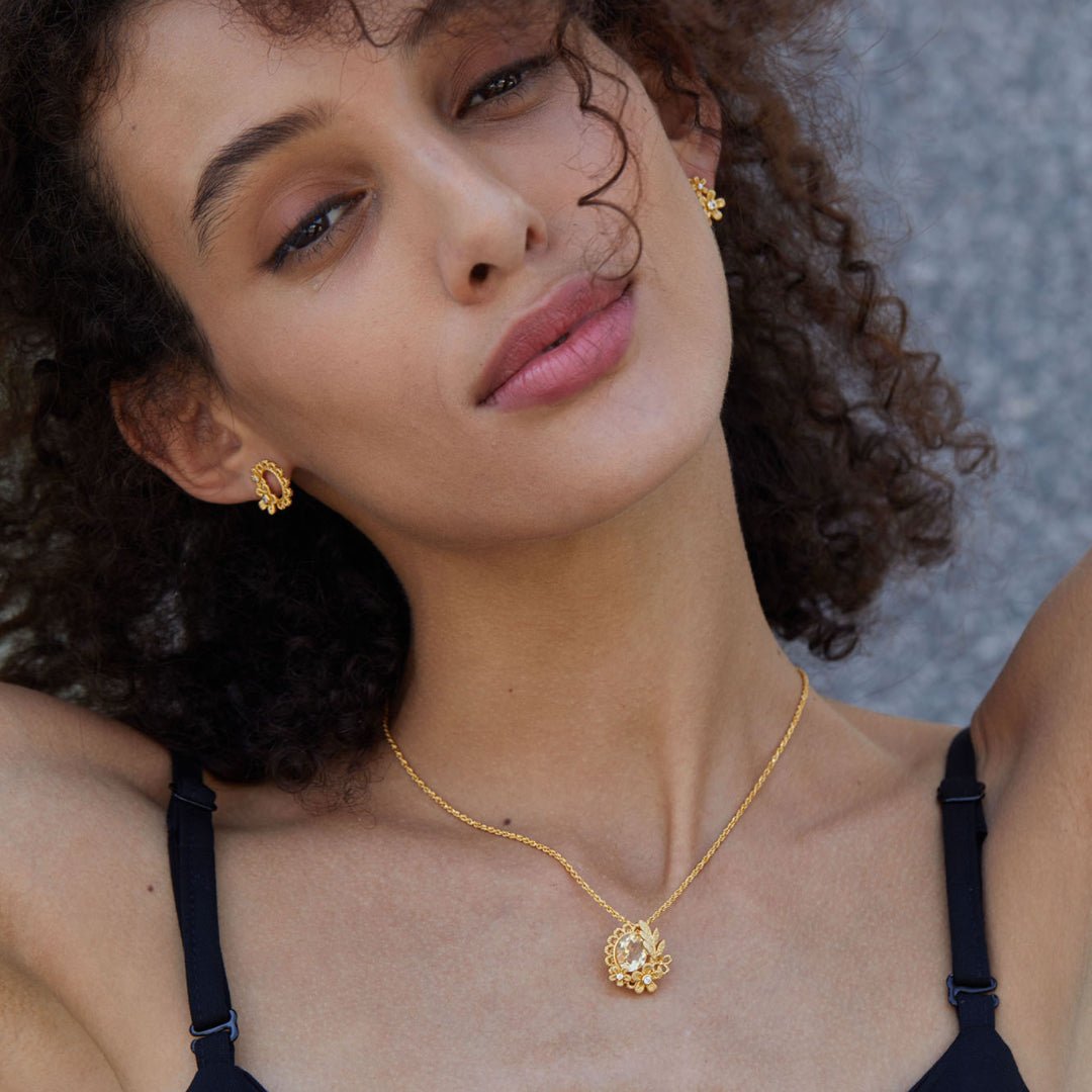 Collier Citrine Couronne Fleurie Argent Plaqué Or Bijou Femme - Biloria