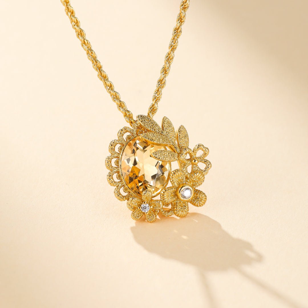 Collier Citrine Couronne Fleurie Argent Plaqué Or Bijou Femme - Biloria