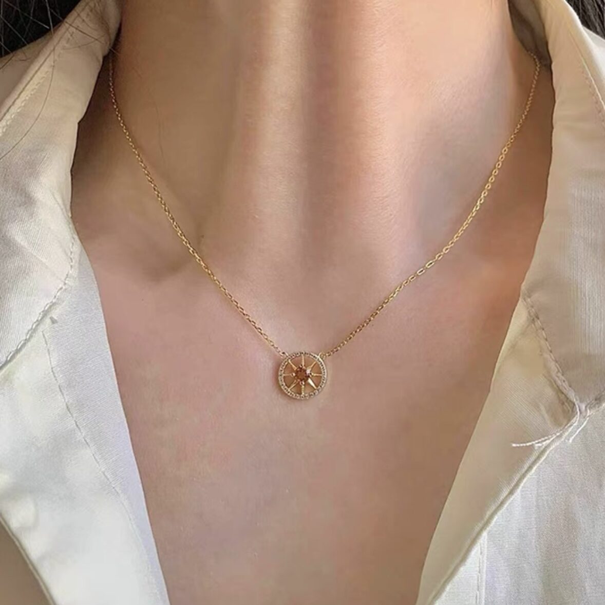 Collier Citrine : Pendentif Cristal Doré, Argent Plaqué Or - Biloria