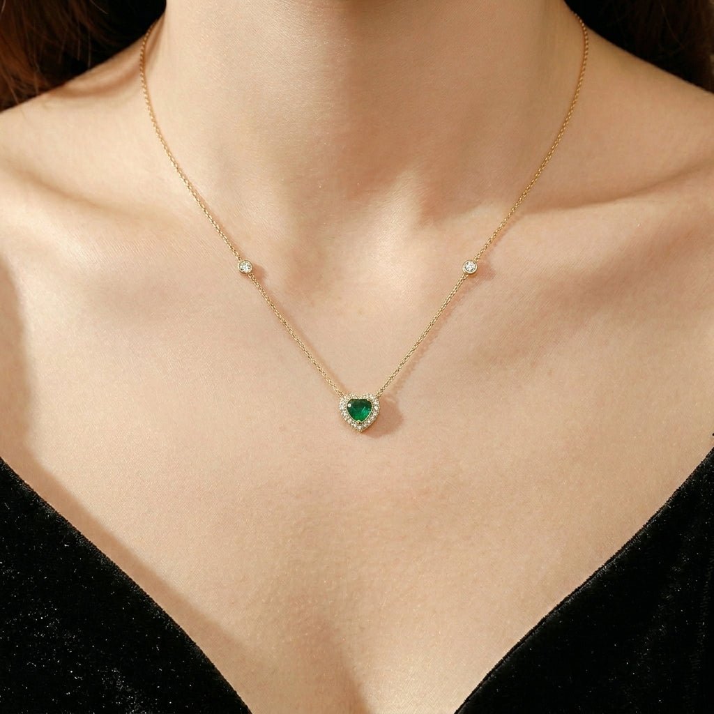 Collier Cœur Émeraude Argent Plaqué Or 18K - Bijou Pierre Naturelle - Biloria