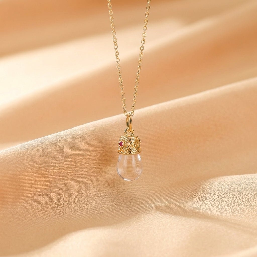 Collier Cristal de Roche Rubis Goutte Lumière Argent Plaqué Or 14K - Biloria