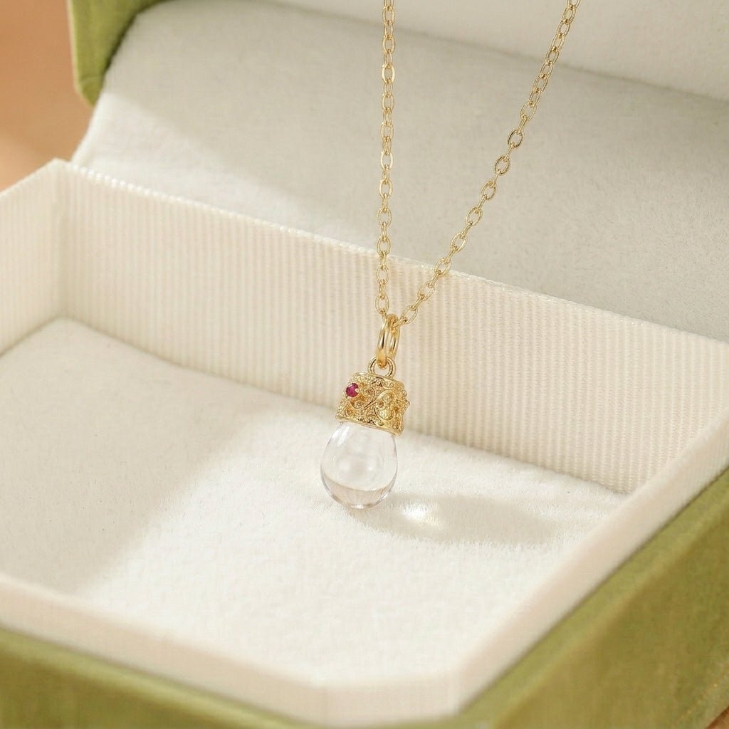 Collier Cristal de Roche Rubis Goutte Lumière Argent Plaqué Or 14K - Biloria