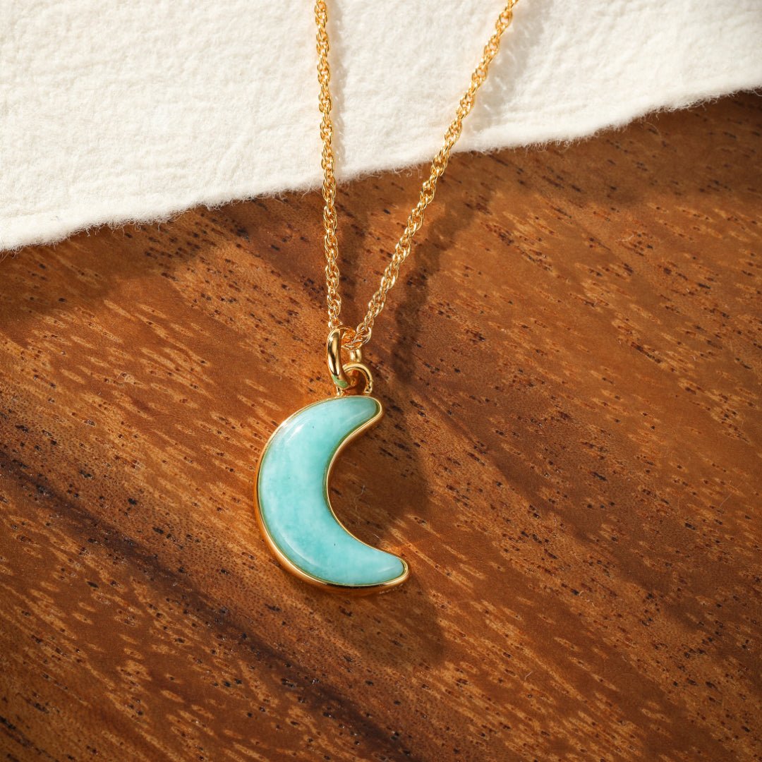 Collier Croissant Lune Amazonite Argent Plaqué Or - Biloria