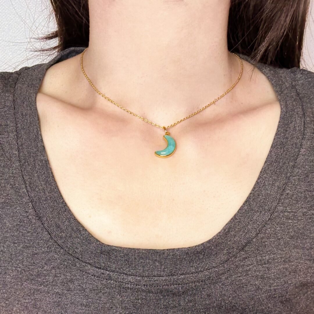 Collier Croissant Lune Amazonite Argent Plaqué Or - Biloria
