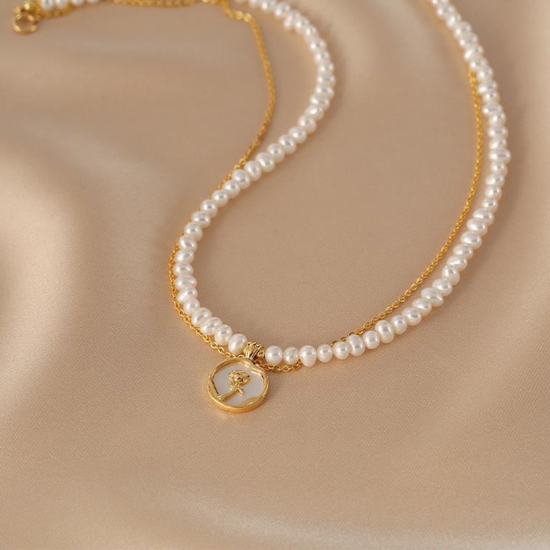 Collier double chaîne Perle d'Eau Douce Rose Argent plaqué Or - Biloria