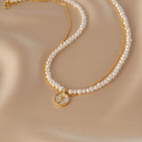 Collier double chaîne Perle d'Eau Douce Rose Argent plaqué Or - Biloria