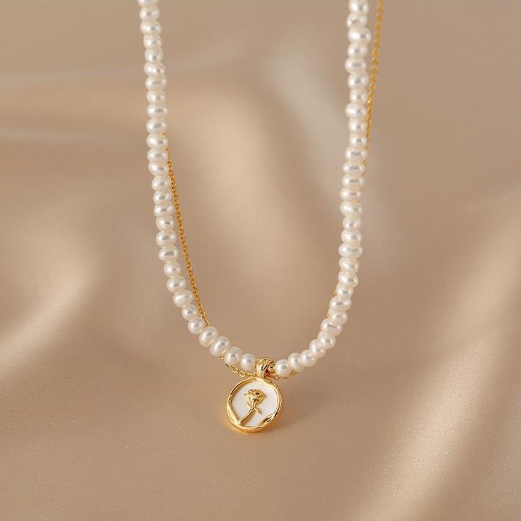 Collier double chaîne Perle d'Eau Douce Rose Argent plaqué Or - Biloria