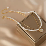 Collier double chaîne Perle d'Eau Douce Rose Argent plaqué Or - Biloria