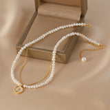 Collier double chaîne Perle d'Eau Douce Rose Argent plaqué Or - Biloria