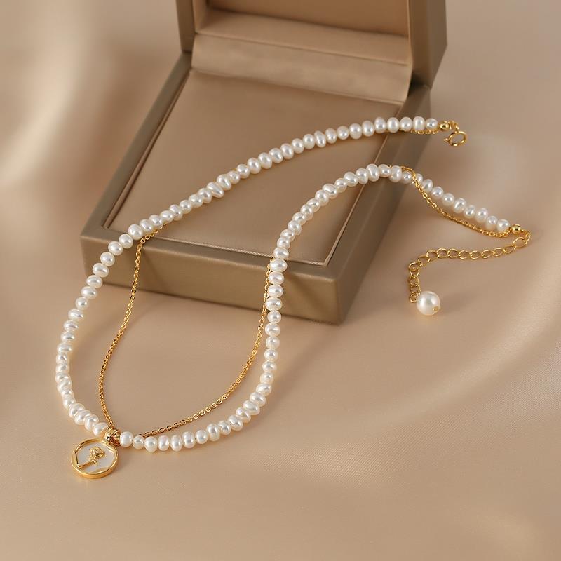 Collier double chaîne Perle d'Eau Douce Rose Argent plaqué Or - Biloria