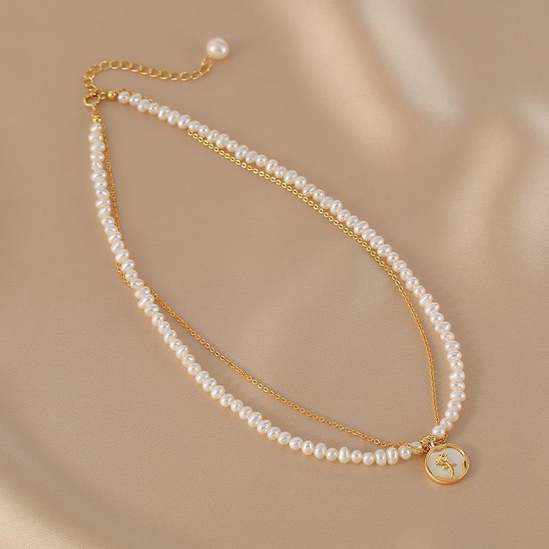 Collier double chaîne Perle d'Eau Douce Rose Argent plaqué Or - Biloria