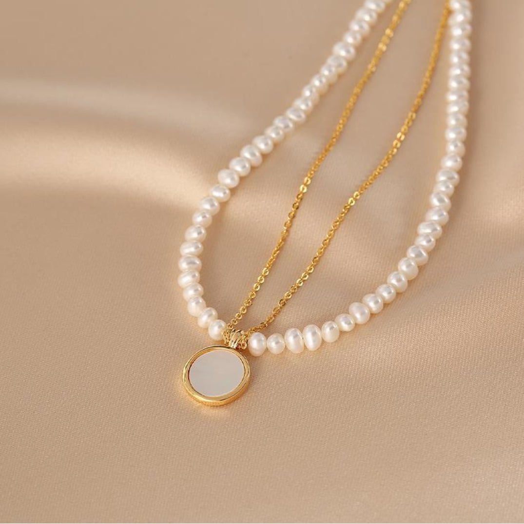 Collier double chaîne Perle d'Eau Douce Rose Argent plaqué Or - Biloria