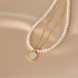 Collier double chaîne Perle d'Eau Douce Rose Argent plaqué Or - Biloria