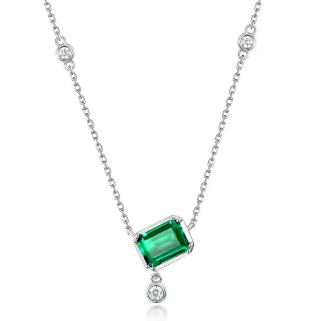 Collier Émeraude et Zircon en Argent Plaqué Platine - Biloria