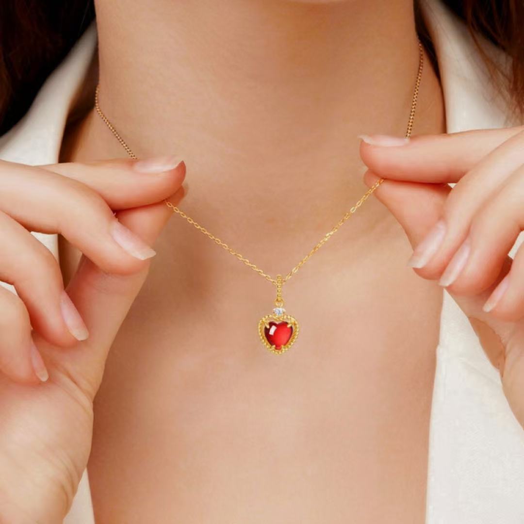 Collier Grenat Cœur Passion – Argent Plaqué Or - Biloria