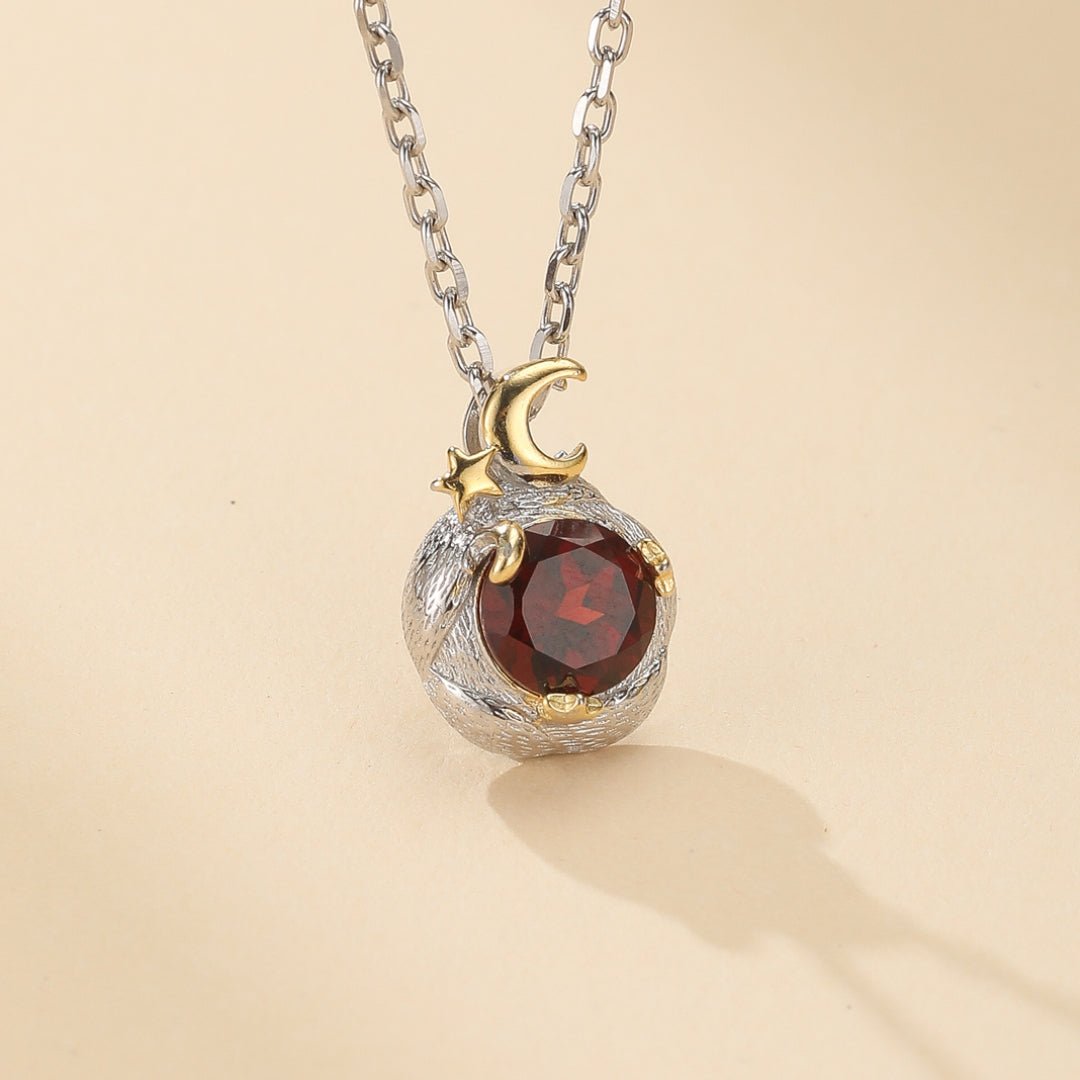 Collier Grenat Lune Étoile Argent 925 Fait Main - Biloria