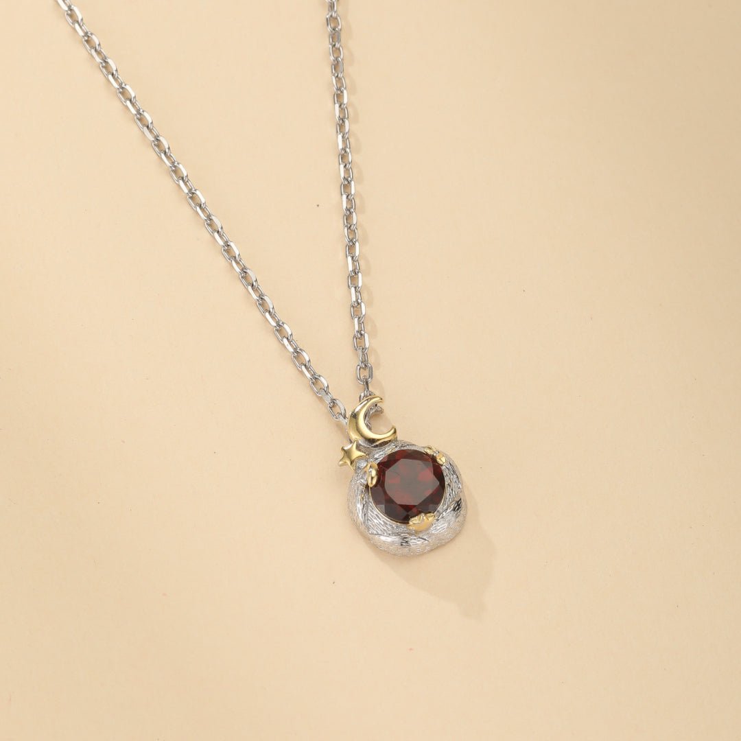 Collier Grenat Lune Étoile Argent 925 Fait Main - Biloria