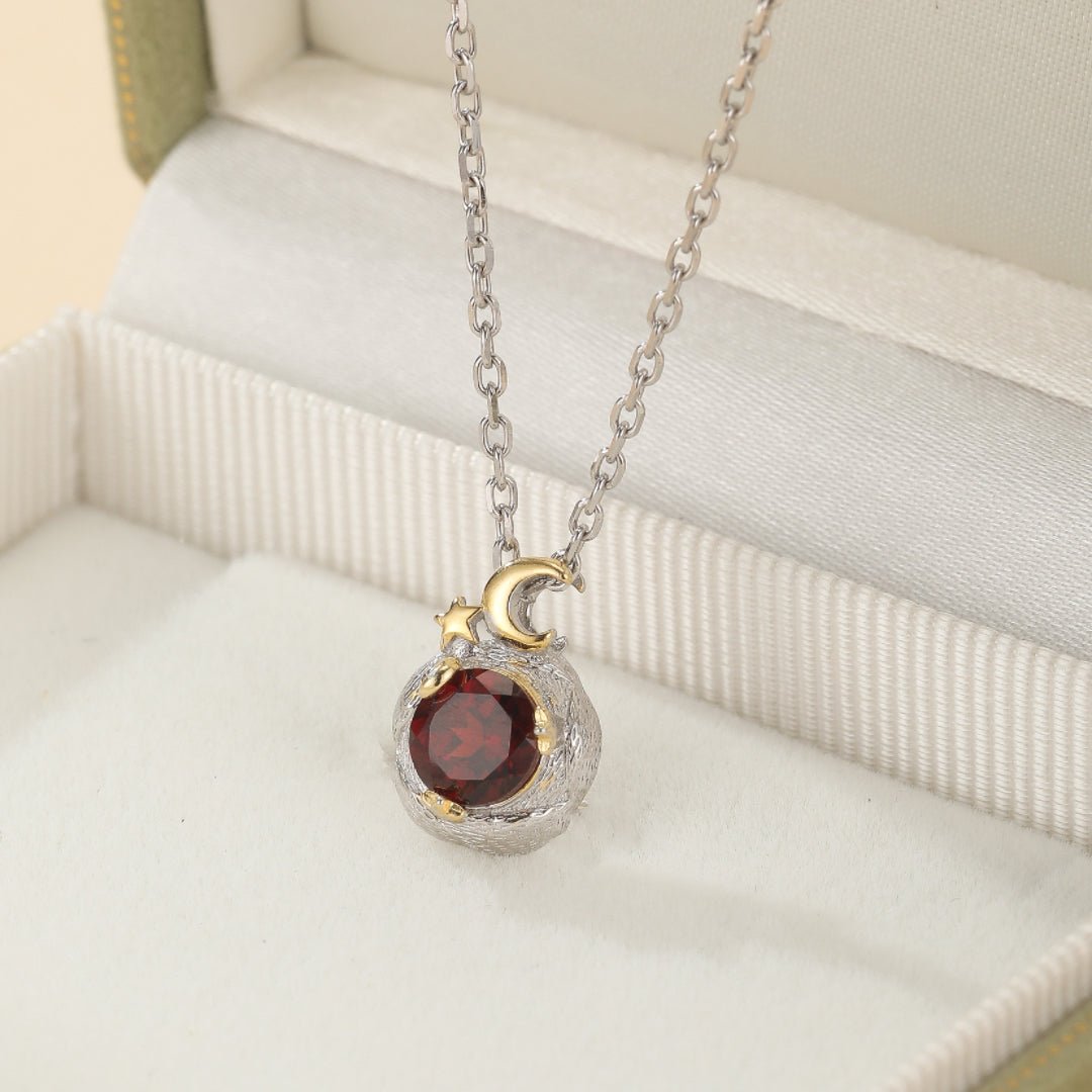 Collier Grenat Lune Étoile Argent 925 Fait Main - Biloria