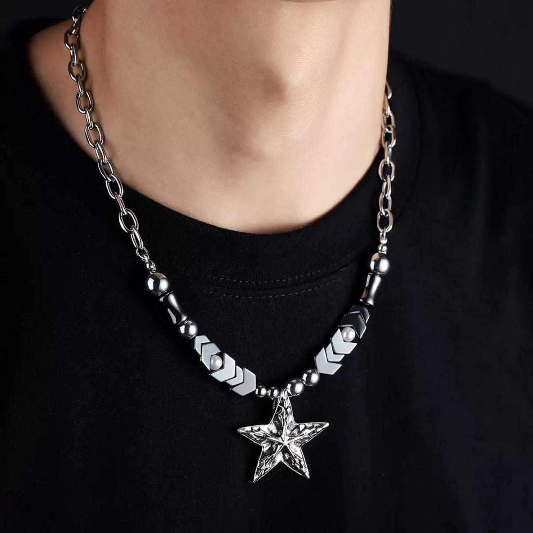 Collier Hématite Homme avec Pendentif Étoile Martelée - Biloria