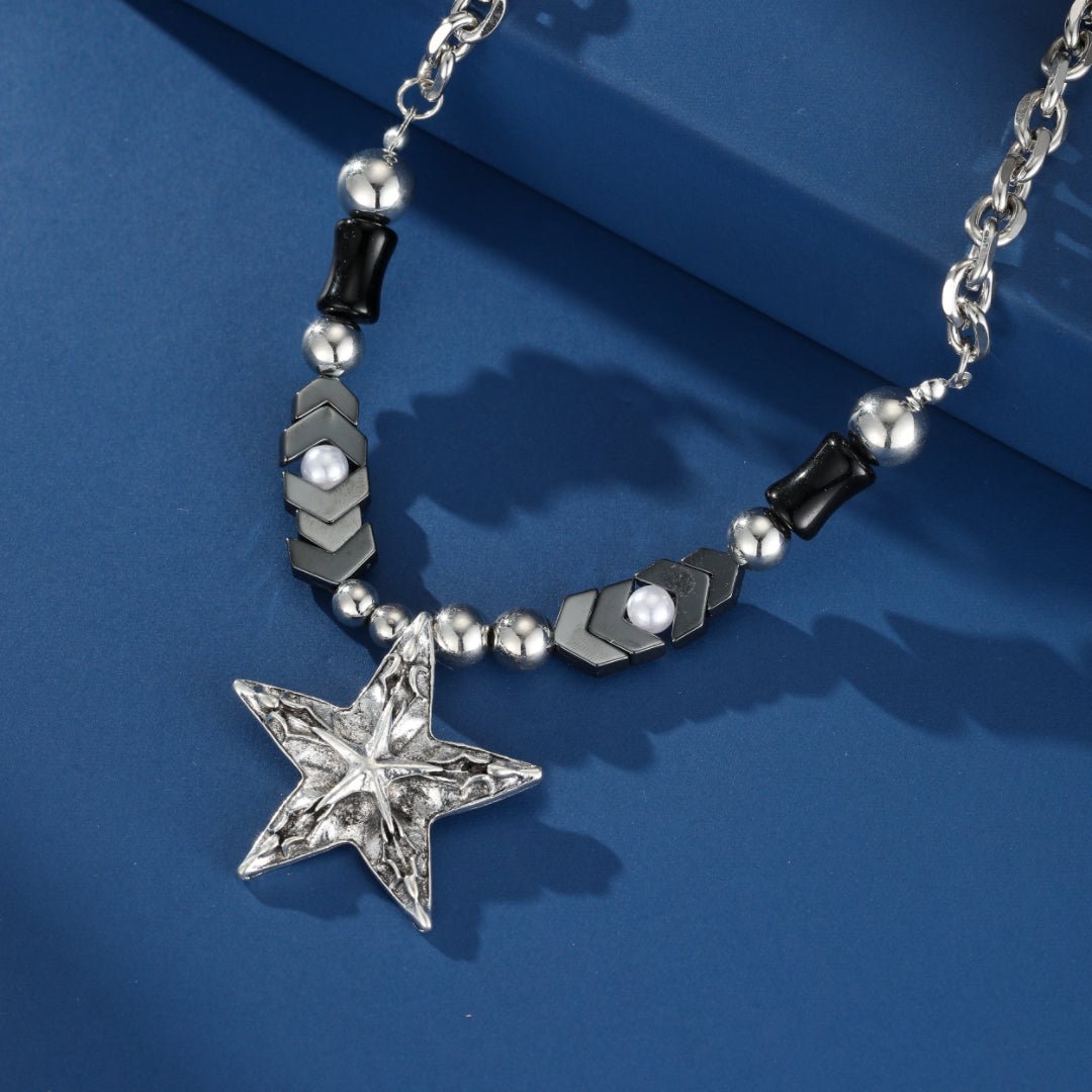 Collier Hématite Homme avec Pendentif Étoile Martelée - Biloria