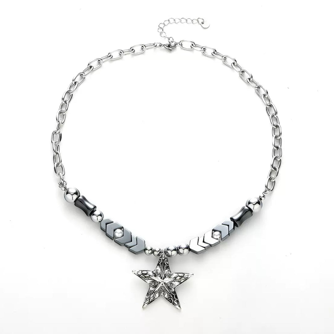 Collier Hématite Homme avec Pendentif Étoile Martelée - Biloria