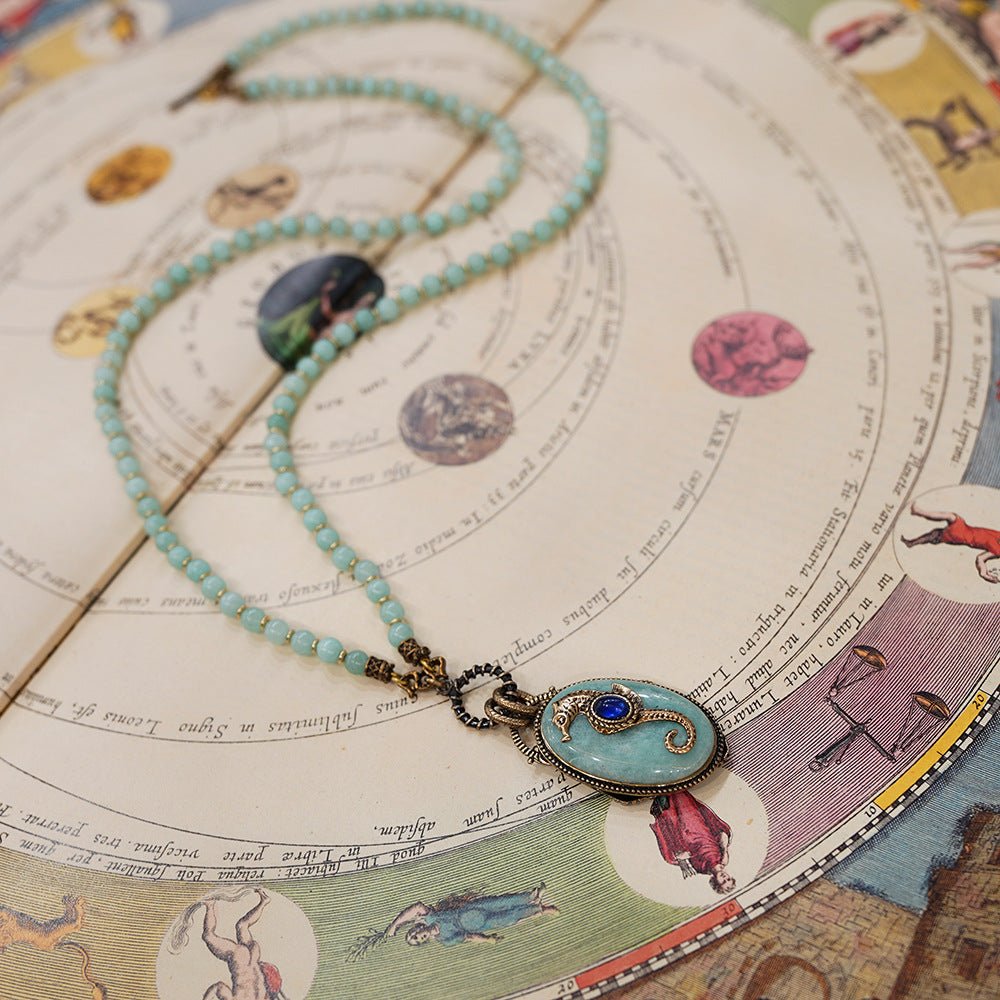 Collier Hippocampe Amazonite Lapis Lazuli Longue Chaîne Réglable - Biloria