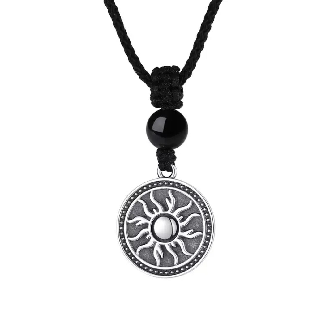Collier Homme Obsidienne Médaillon Solaire Argent Massif - Biloria
