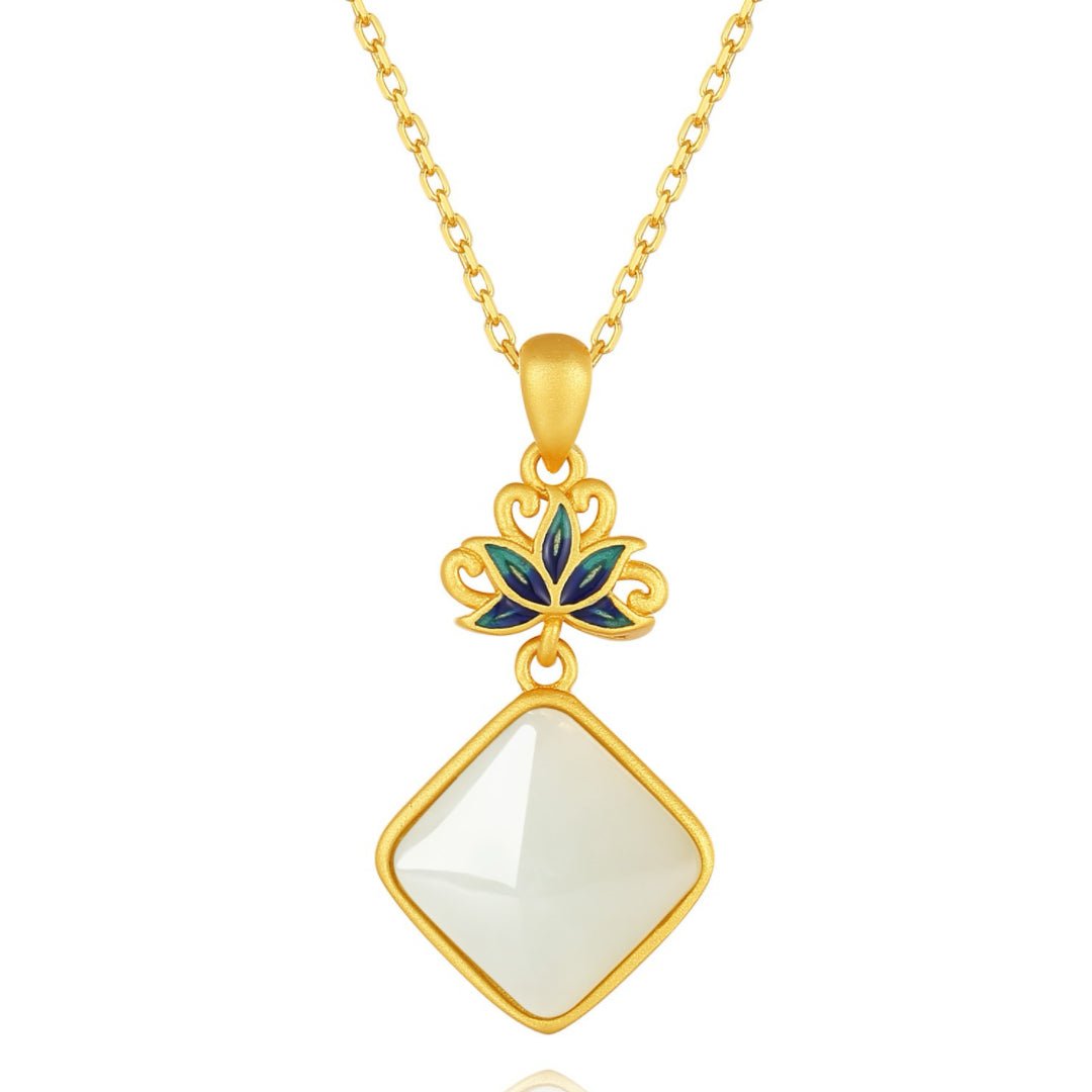 Collier Jade Blanc Lotus Bleu Argent Plaqué Or - Biloria