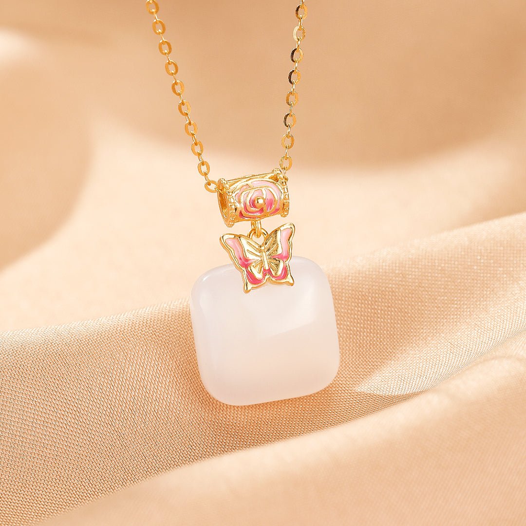 Collier Jade Blanc Papillon Argent Plaqué Or - Biloria