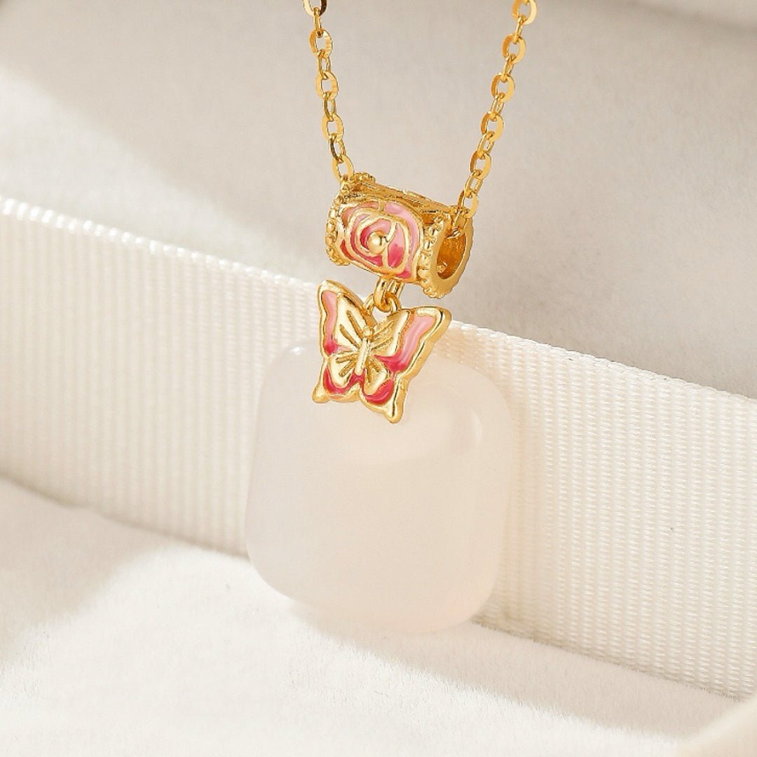 Collier Jade Blanc Papillon Argent Plaqué Or - Biloria