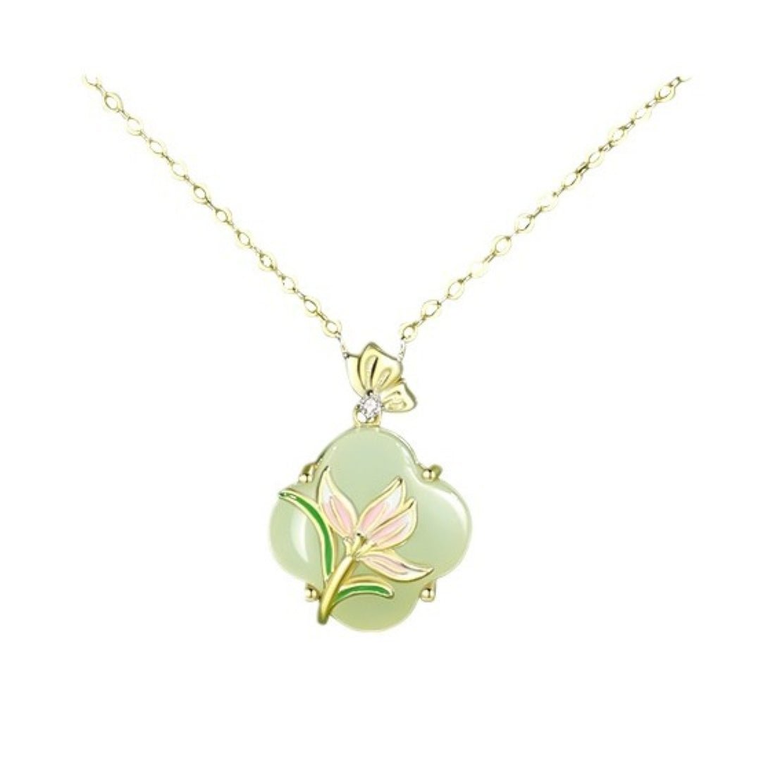 Collier Jade et Fleur Émaillée – Argent Plaqué Or, Lithothérapie - Biloria