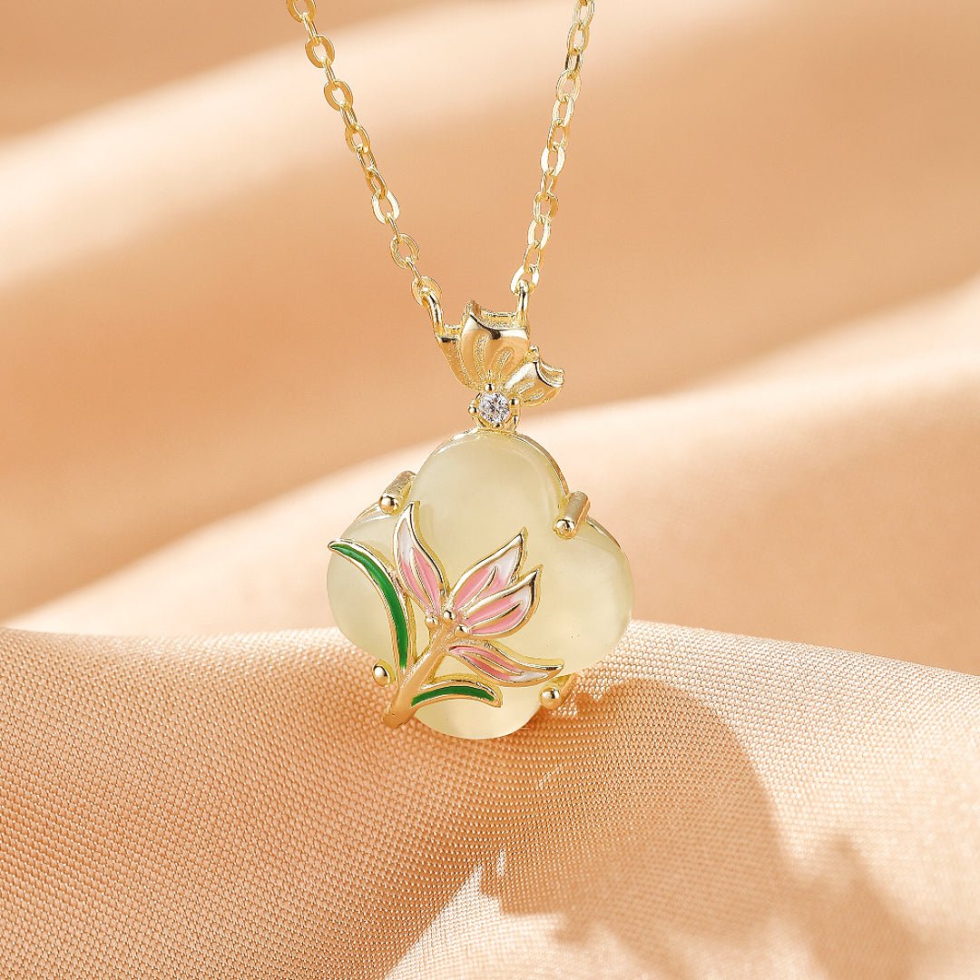 Collier Jade et Fleur Émaillée – Argent Plaqué Or, Lithothérapie - Biloria