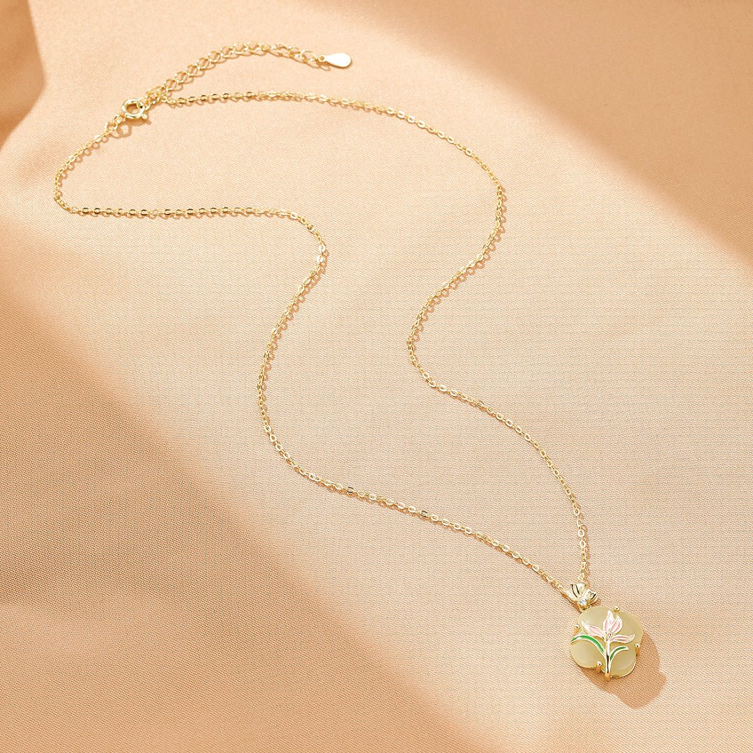 Collier Jade et Fleur Émaillée – Argent Plaqué Or, Lithothérapie - Biloria