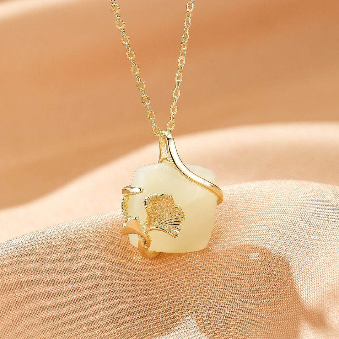 Collier Jade Feuille de Ginkgo - Argent Plaqué Or - Biloria