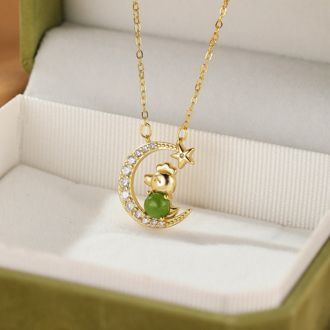 Collier Jade Néphrite Cheval Coq Lune Porte-Bonheur - Biloria